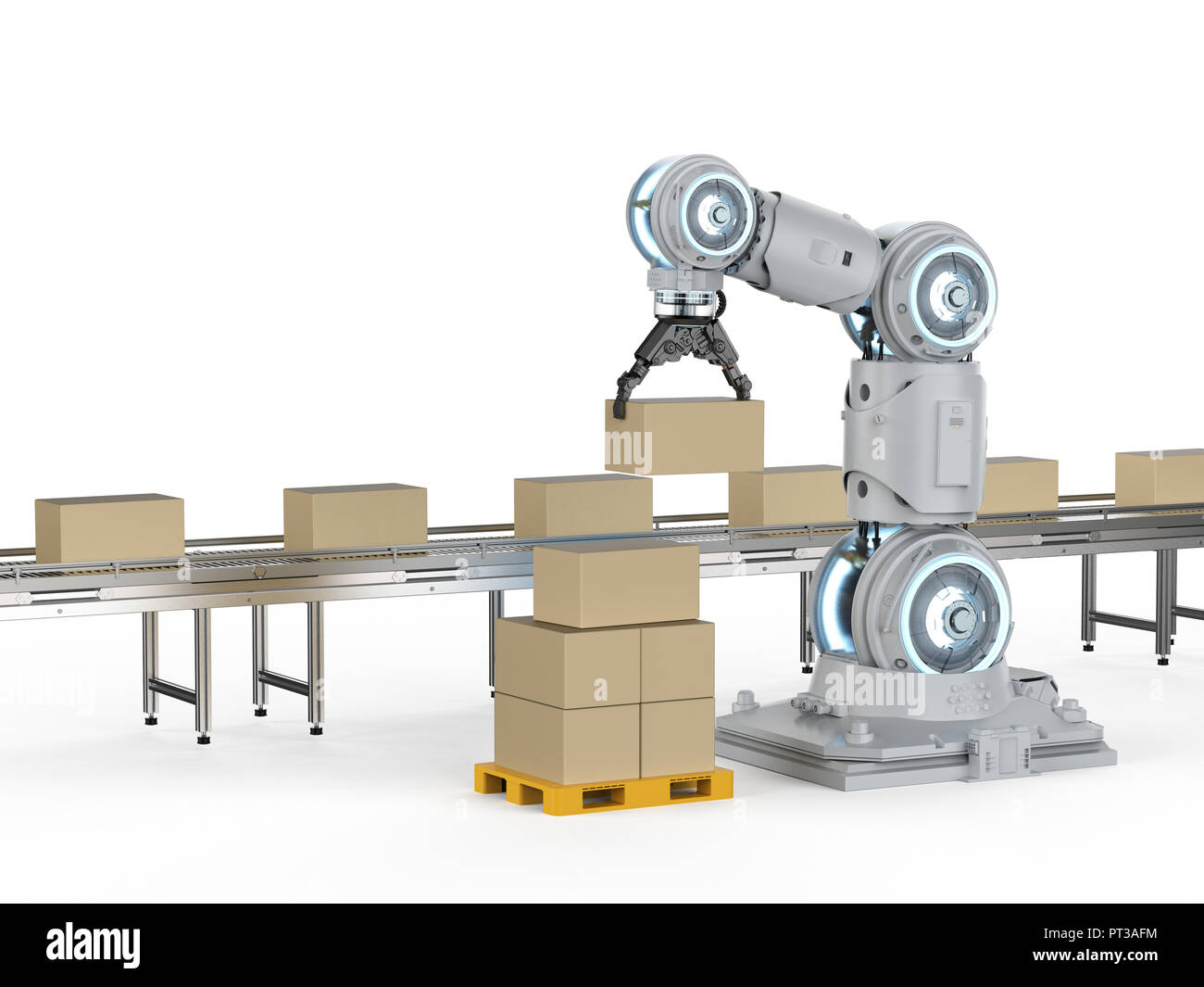 Automatisierung Industrie-Konzept mit 3D-rendering Roboterarm mit Kartons auf Transportband Stockfoto