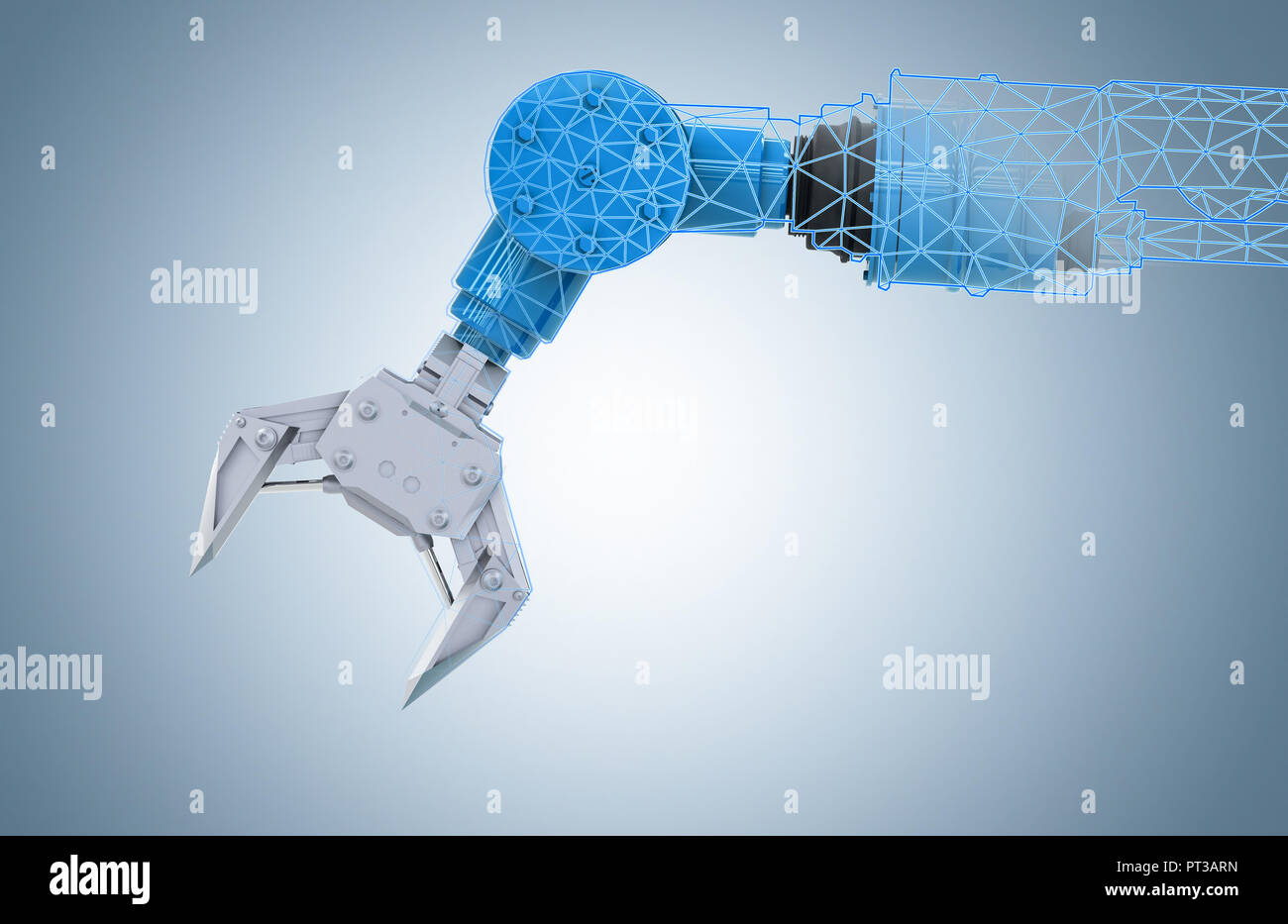 Automatisierung Industrie-Konzept mit 3D-rendering Roboterarm mit Drahtmodell Stockfoto