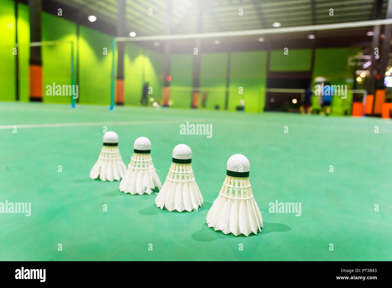 Badmintonplätze mit Bälle im Vordergrund. Stockfoto