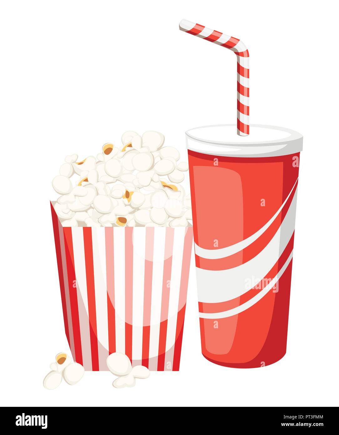 In roten und weißen Karton Popcorn mit Cola in rotes Papier Cup. Flache Vector Illustration auf weißem Hintergrund. Farbiges Icon für das Kino. Stock Vektor