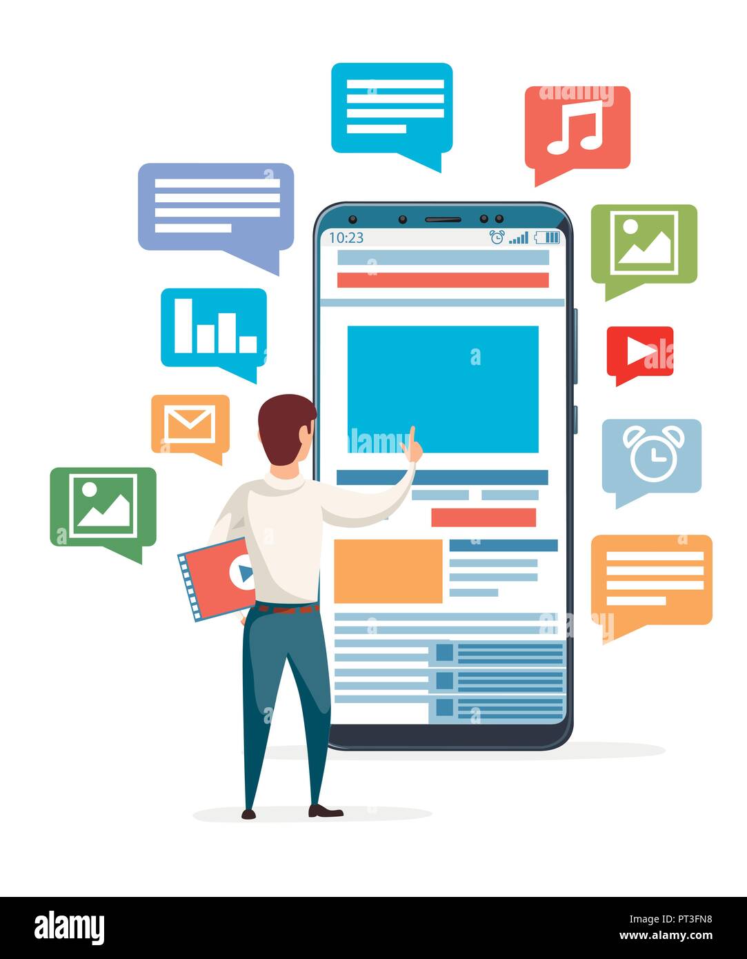Grosse Smartphone Mit Mobile App Und In Der Nahe Stehender Mann Mobile Symbol Flache Vector Illustration Auf Weissem Hintergrund Stock Vektorgrafik Alamy