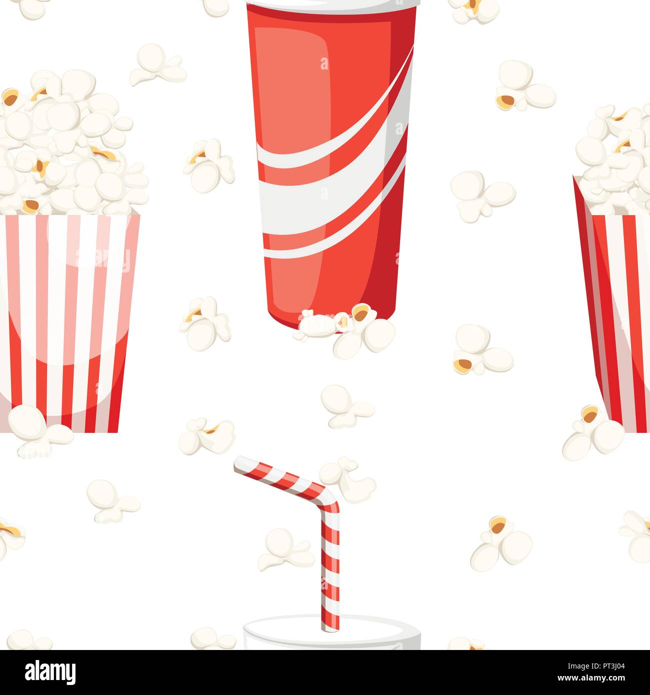 Nahtlose Muster. In roten und weißen Karton Popcorn mit Cola in rotes Papier Cup. Flache Vector Illustration auf weißem Hintergrund. Farbiges Icon für ci Stock Vektor