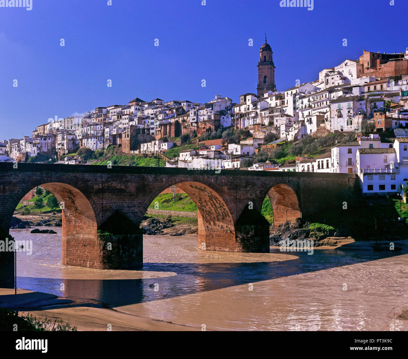 Panoramablick mit Puente de las Donadas über Fluss Guadalquivir, Montoro, Provinz Córdoba, Andalusien, Spanien, Europa Stockfoto