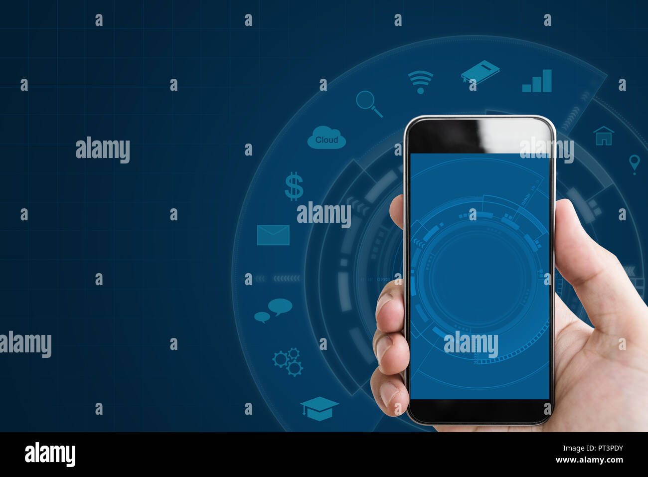 Hand, smart phone und Anwendungssymbole Technologie Stockfoto