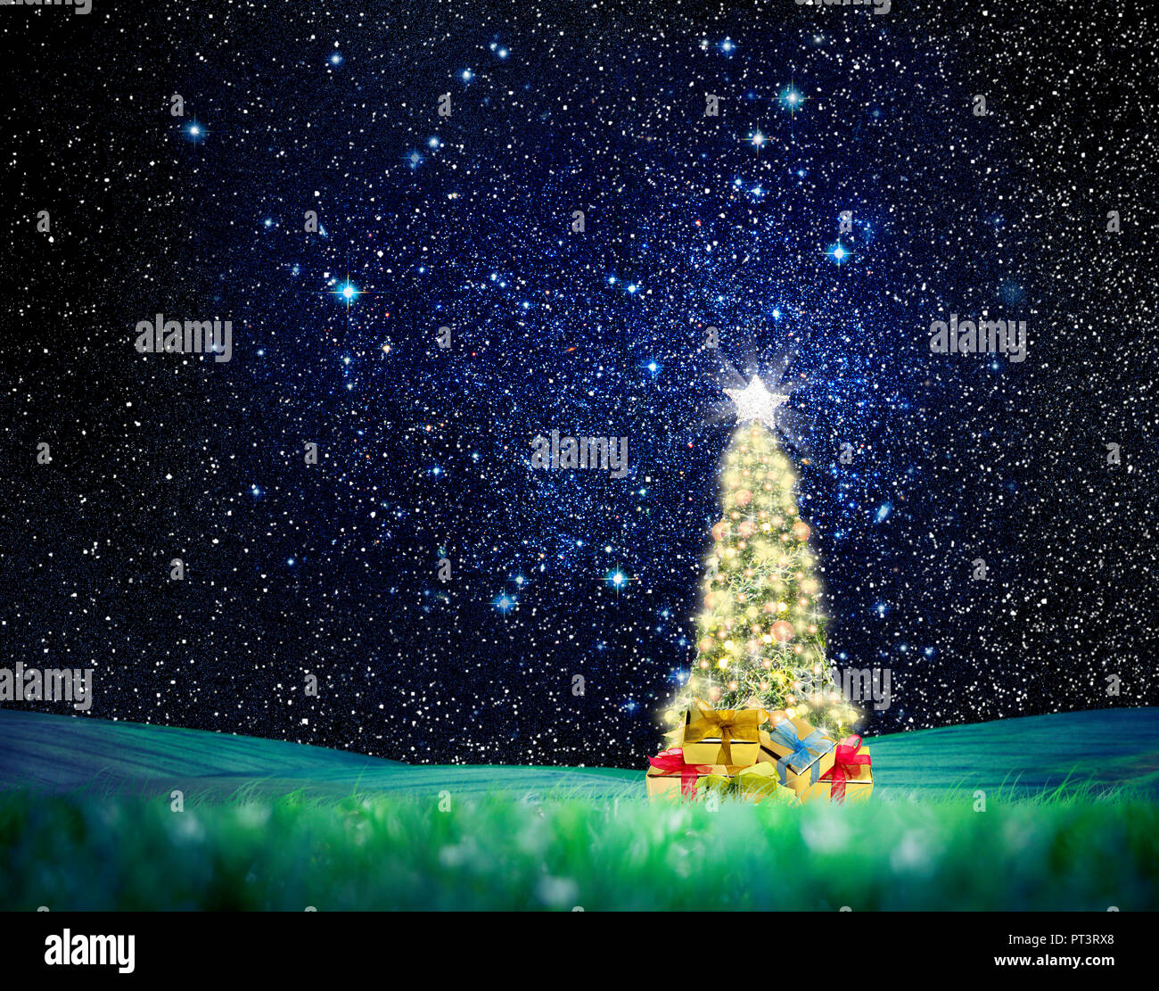 Konzeptionelle Bild der geschmückten Weihnachtsbaum auf grüne Landschaft über Nacht Himmel mit Sternen und Galaxien. Platz Bild Link: https://nasasearch.nasa.go Stockfoto