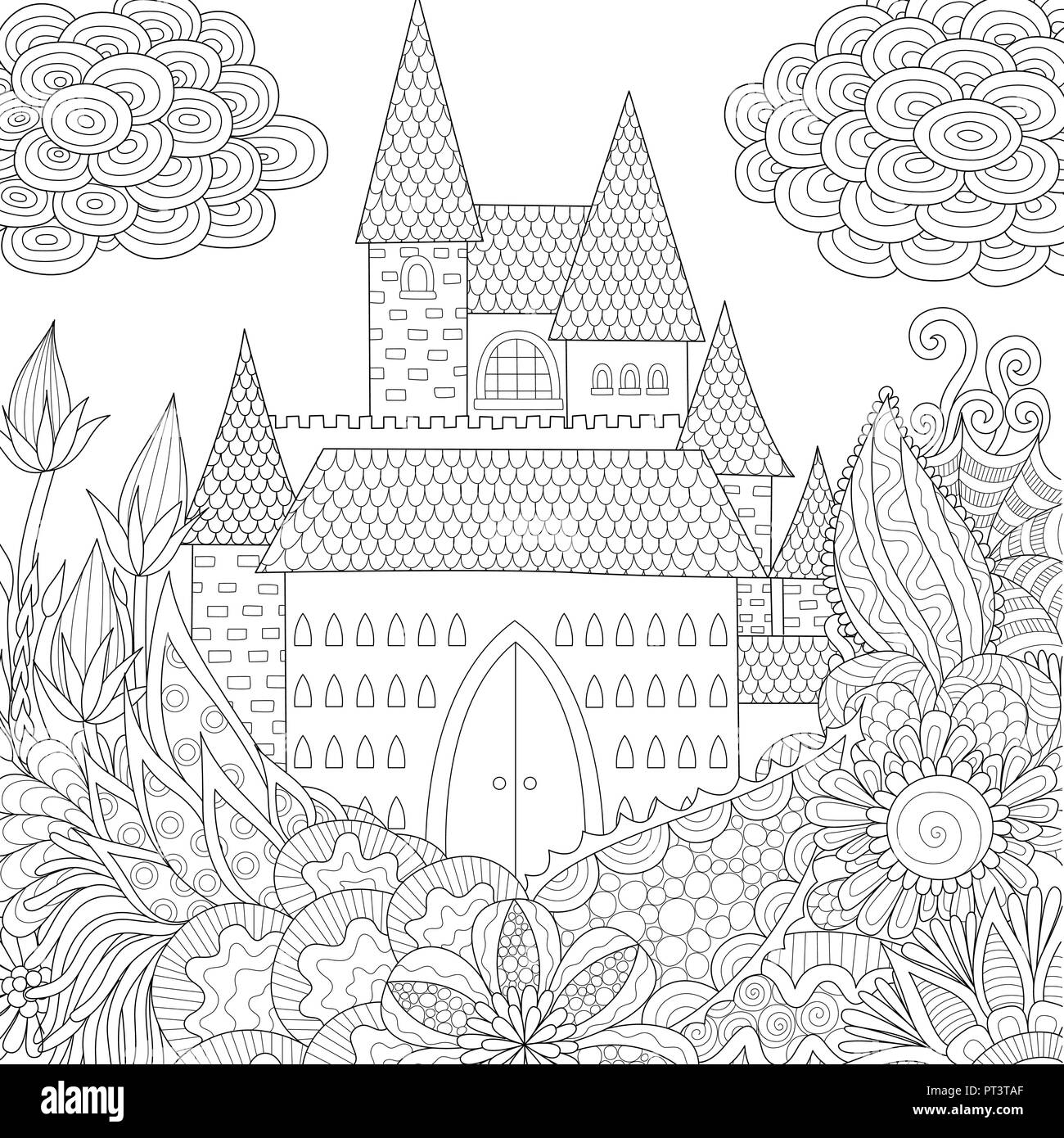 Line art design von Dschungel und Schloss Buch Färbung für Erwachsene. Vector Illustration. Antistress freihand Zeichnung mit Doodle und zentangle eleme Stock Vektor