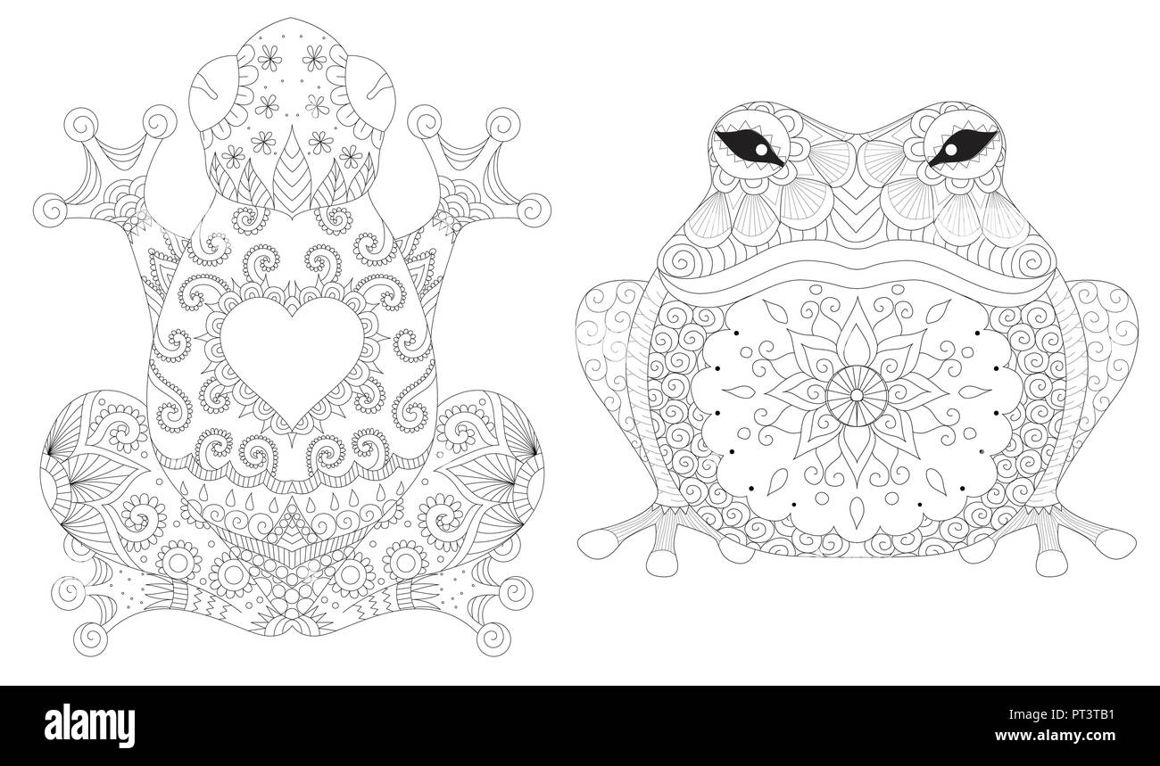 Frösche Sammlung für Design Element, Tattoo, drucken Sie auf Produkt- und erwachsenen Malbuch Seiten. Vector Illustration Stock Vektor