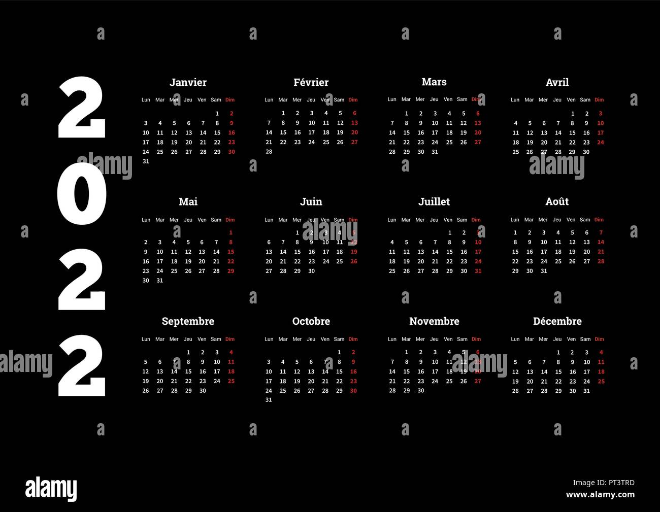 2022 Jahr einfacher Kalender auf französische Sprache auf Schwarz Stock Vektor