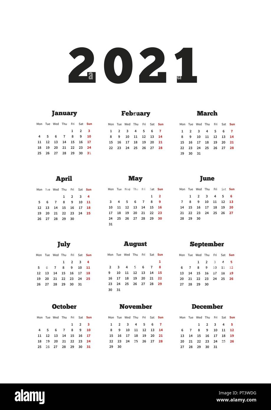 Kalender auf 2021 Jahr mit Woche ab Montag, A4 Format vertikale Blatt auf Weiß Stock Vektor