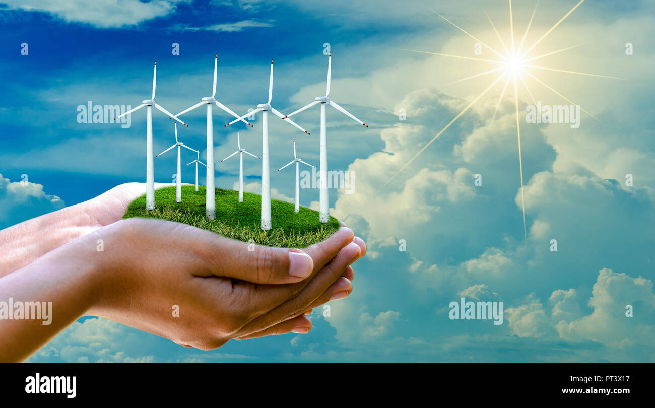 Windenergieanlage hand Alternative Energien, Geschäftsmann, Hand, die Landschaft mit eco Windenergieanlage Konzept Stockfoto