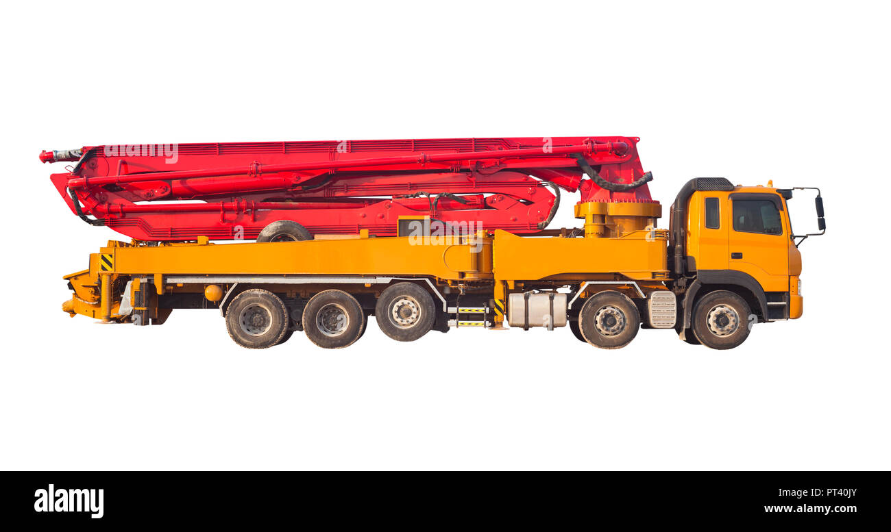Lkw oder Maschine mit konkreten Pumpe für Bau und Industrie isoliert auf weißem Stockfoto