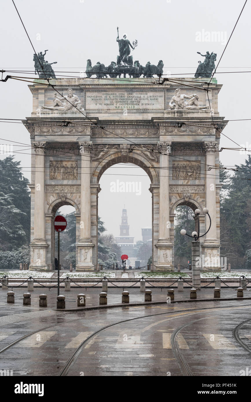 Bogen des Friedens und der Sempione Park unter einem Schneefall, Mailand, Lombardei, Italien, Europa, Stockfoto