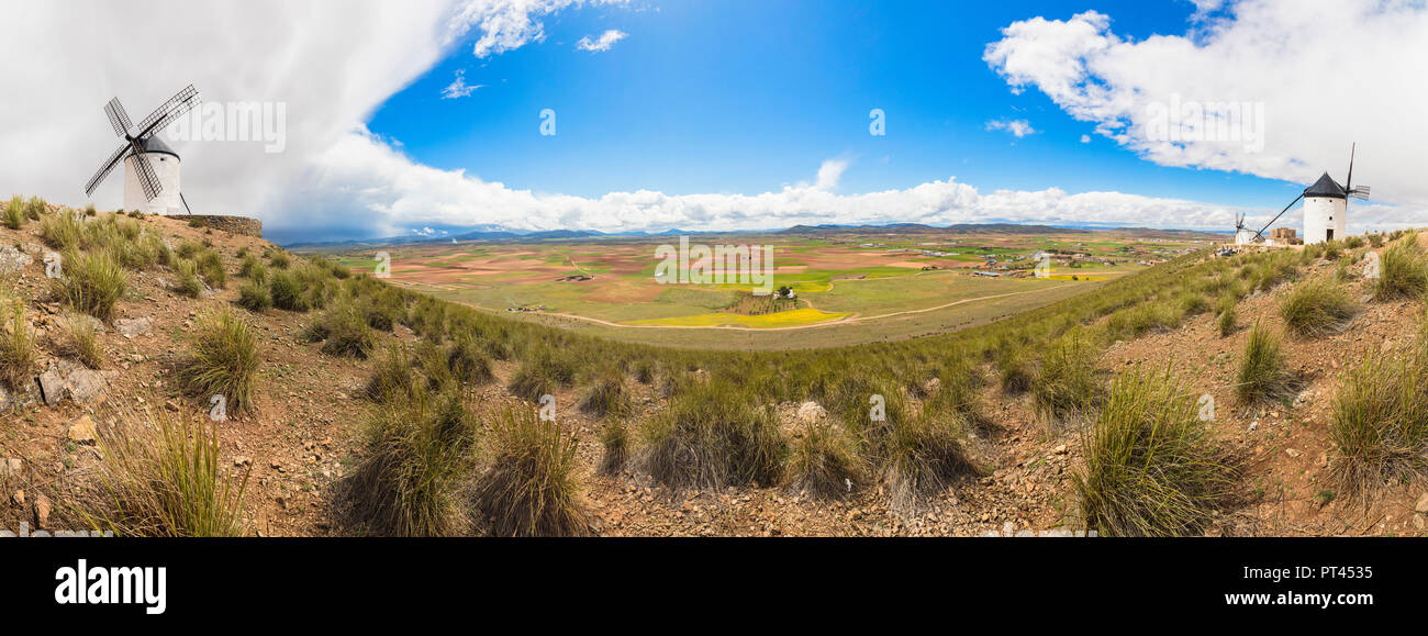 Panoramablick von Windmühlen von Consuegra, Don Quixote route, Provinz Toledo, Kastilien-La Mancha, Spanien Stockfoto