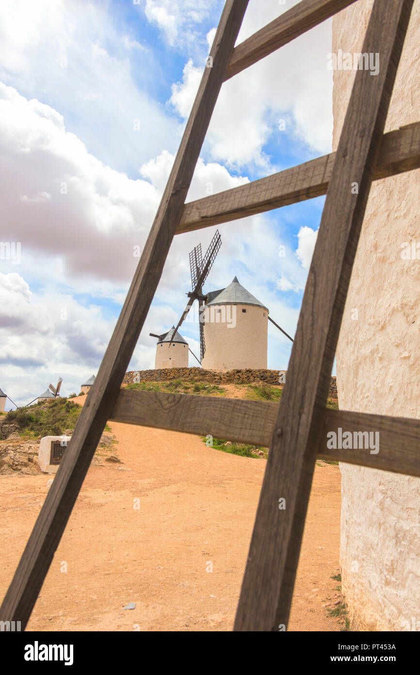 Holz- Schaufeln der Windmühle, Consuegra, Don Quixote route, Provinz Toledo, Kastilien-La Mancha, Spanien Stockfoto