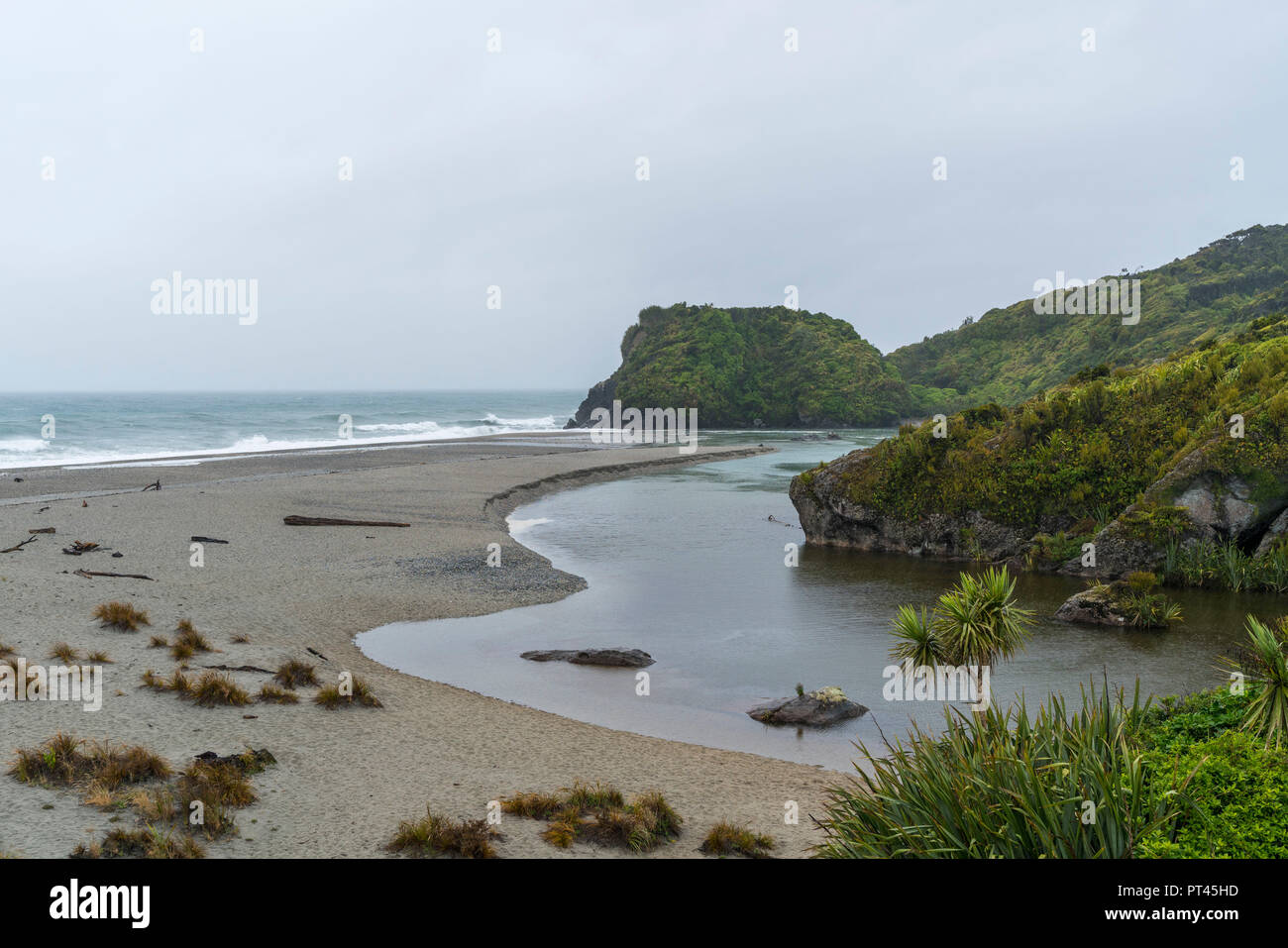 Ship Creek erreichen Tasmanischen Meer, Haast, West Coast Region, South Island, Neuseeland, Stockfoto