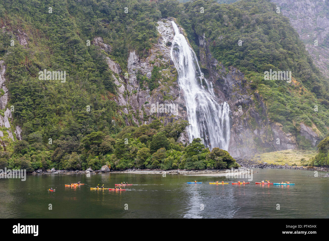 Personen Kajak um Bowen fällt im Milford Sound im Sommer, Fjordland NP, Süden, Süden Region, South Island, Neuseeland, Stockfoto