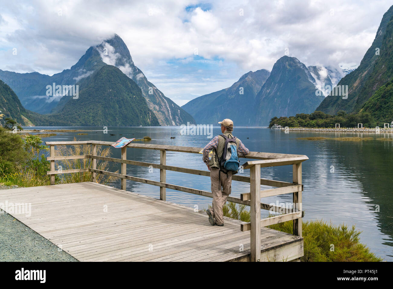 Mann bewundern Milford Sound im Sommer, Fjordland NP, Süden, Süden Region, South Island, Neuseeland, Stockfoto