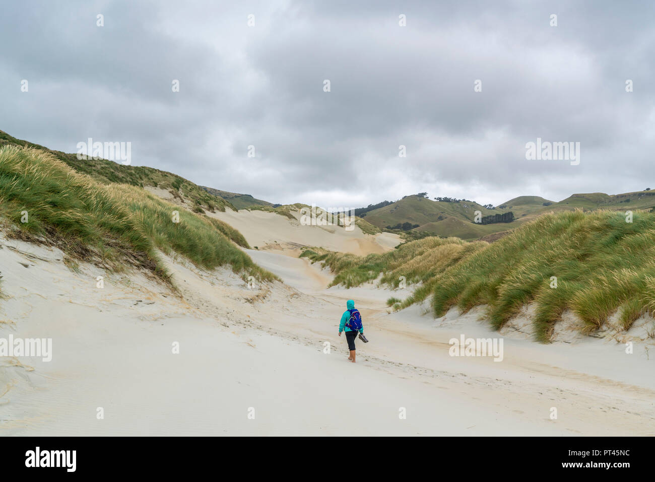 Frau zu Fuß in Richtung Sandfly Bay an einem bewölkten Sommertag, Dunedin, Otago Region, South Island, Neuseeland, Stockfoto