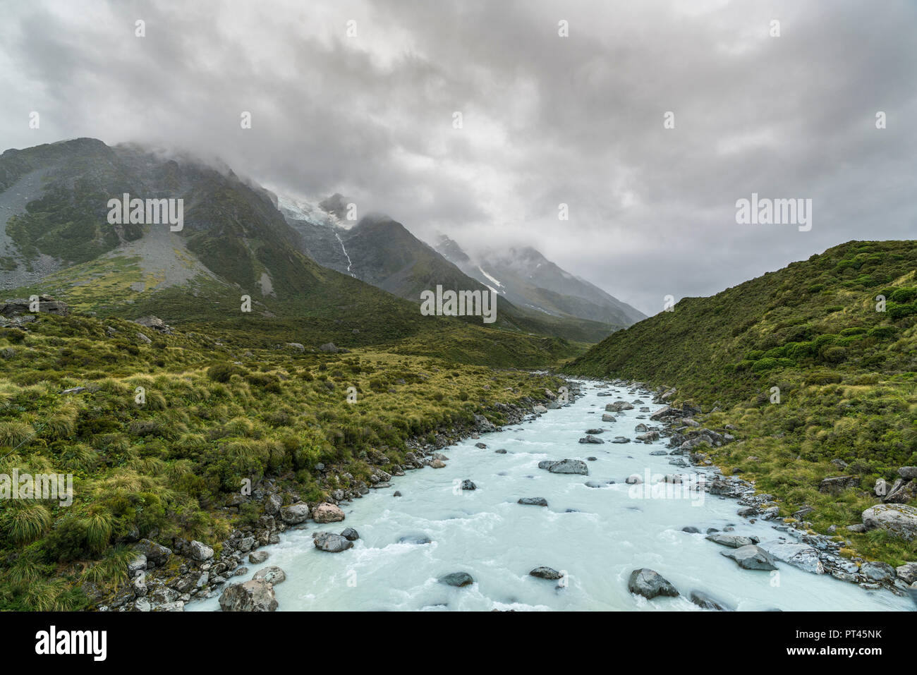 Hooker Fluss, Hooker Valley, Mount Cook Nationalpark, Mackenzie Bezirk, Region Canterbury, Südinsel, Neuseeland, Stockfoto