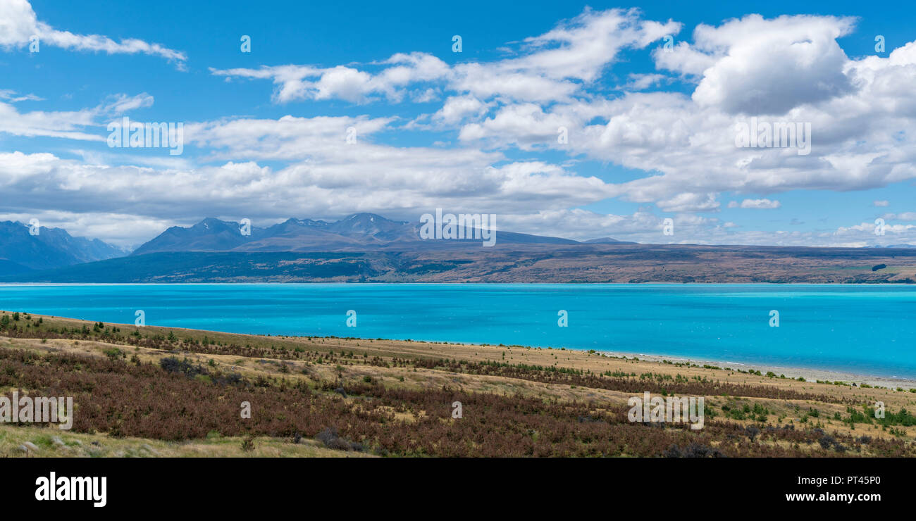 Lake Pukaki aus Peter's Lookout, Ben Ohau, Mackenzie Bezirk, Region Canterbury, Südinsel, Neuseeland, Stockfoto