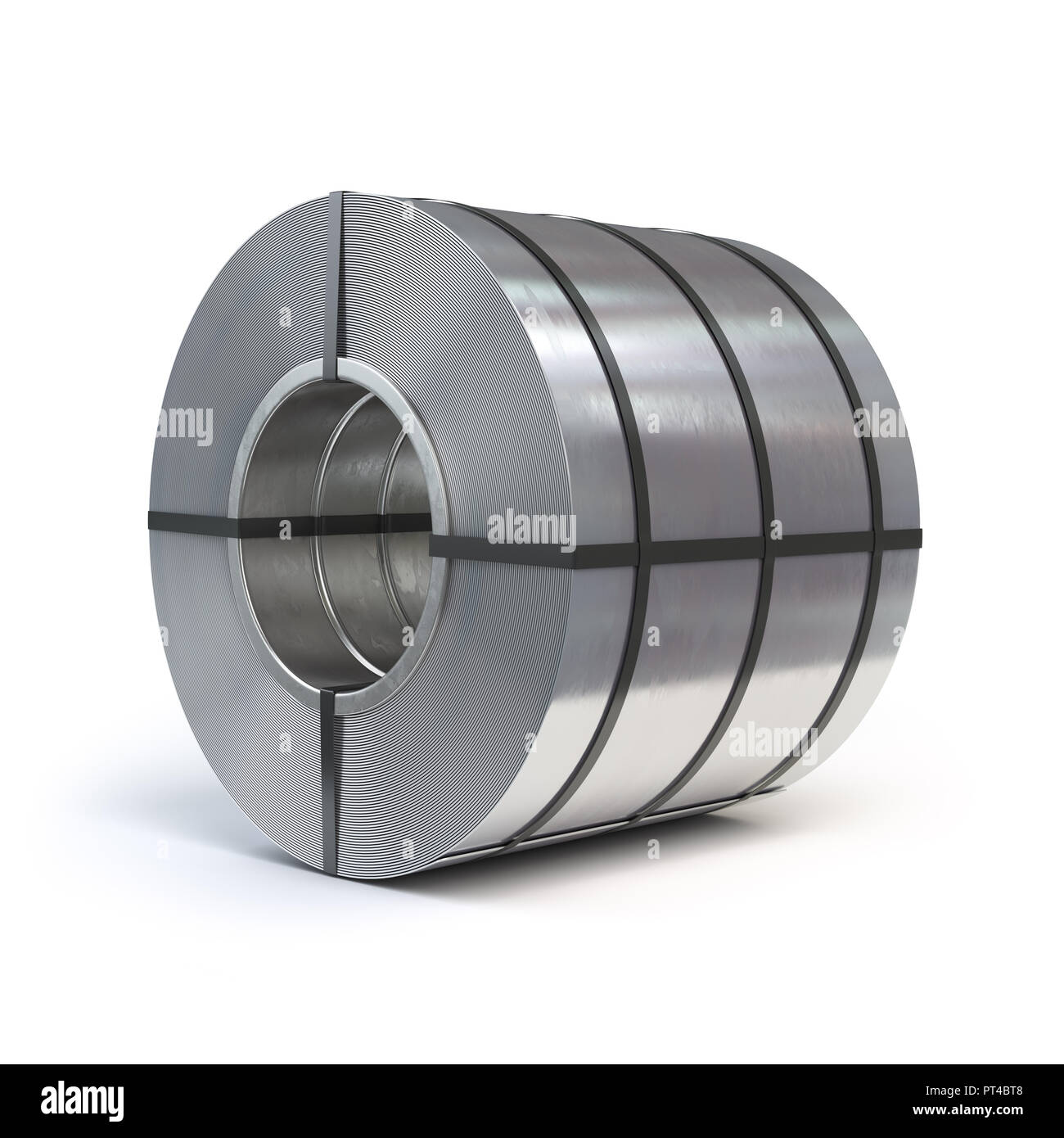 Rolle von gewalztem Stahlblech auf weißem Hintergrund. Produktion, Lieferung und Lagerung von Produkten aus Metall. 3D-Darstellung Stockfoto