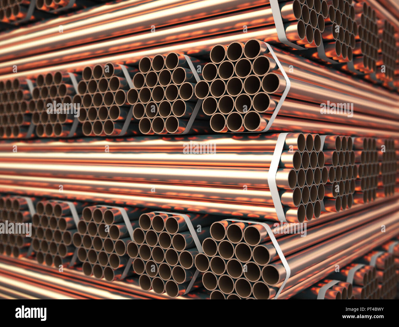 Kupfer oder Bronze Metall Rohre im Lager. Schwere NE-Metallindustrie. 3D-Darstellung Stockfoto