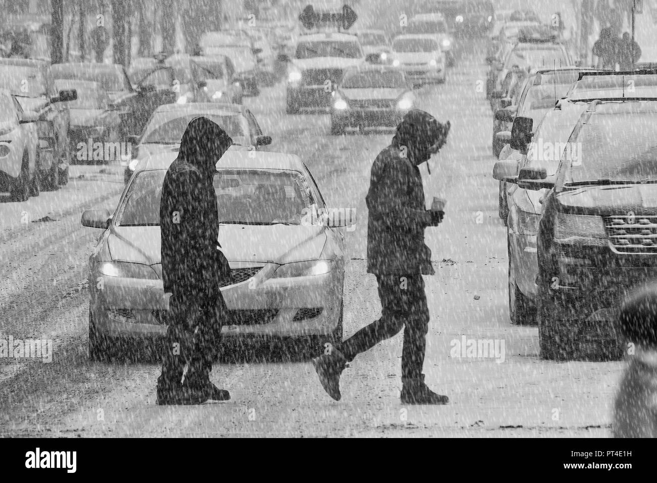 Montreal, Kanada, vom 2. Januar 2017. Die Menschen Überqueren der Straße während eines Schneesturmes. Credit: Mario Beauregard/Alamy leben Nachrichten Stockfoto