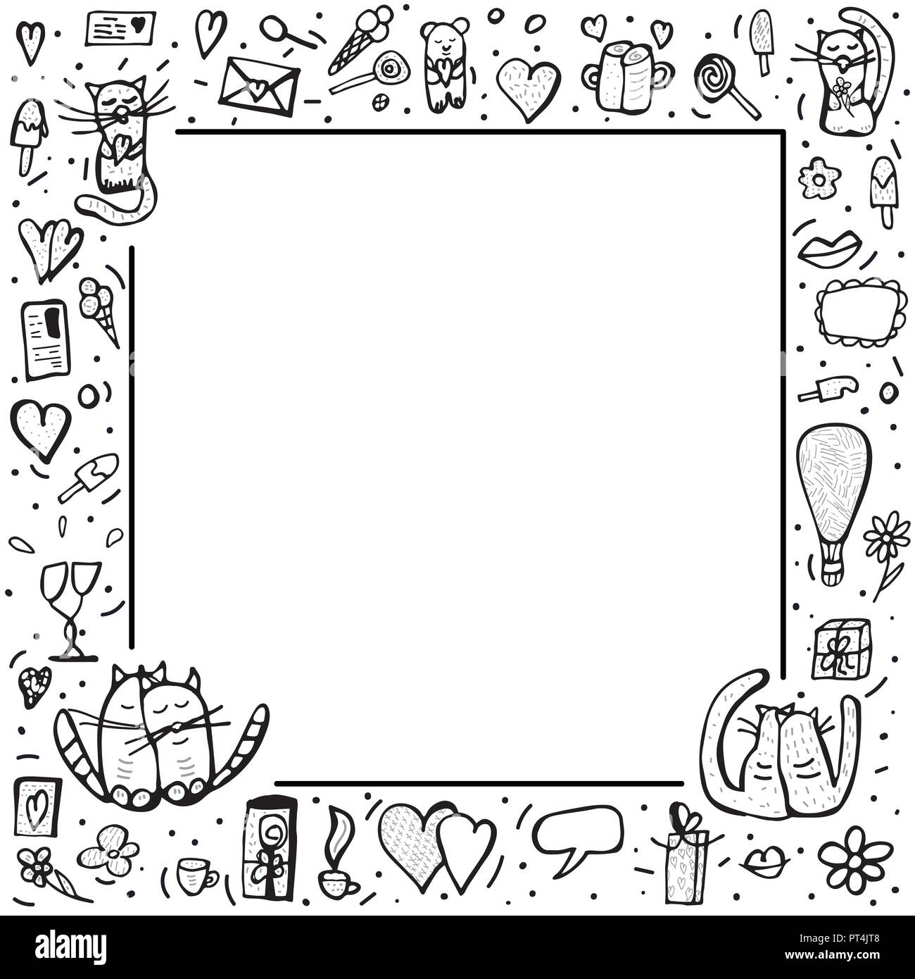 Quadratischen Rahmen mit niedlichen Liebe Symbole in doodle Stil. Katzen und Valentinstag Objekte. Vector Illustration. Stock Vektor