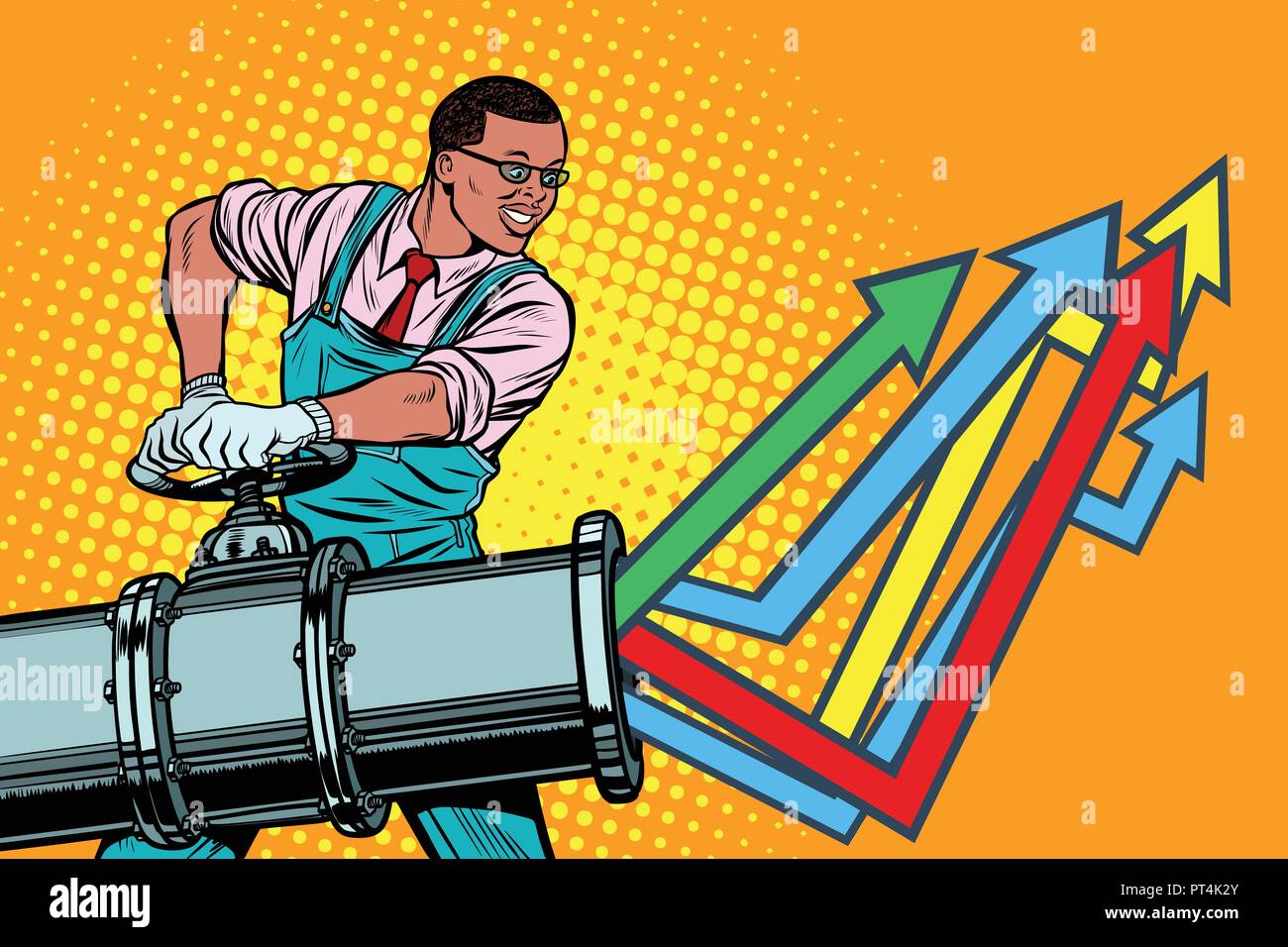 Afrikanischen Geschäftsmann öffnet Rohr, wachstumsdiagramm. Anlage und der Industrie. Pop Art retro Vektor illustration Vintage kitsch Stock Vektor