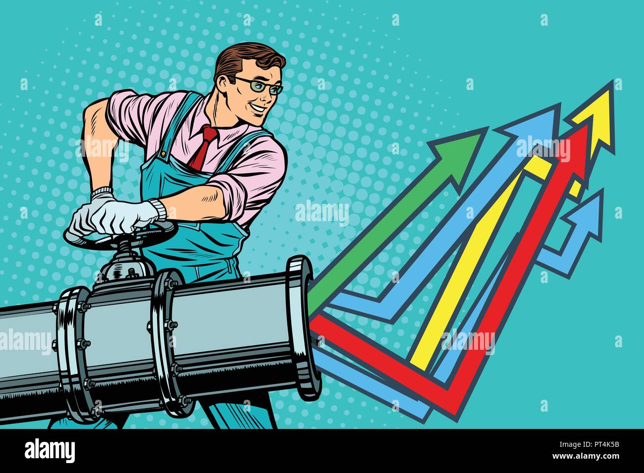 Geschäftsmann öffnet Rohr, wachstumsdiagramm. Anlage und der Industrie. Pop Art retro Vektor illustration Vintage kitsch Stock Vektor
