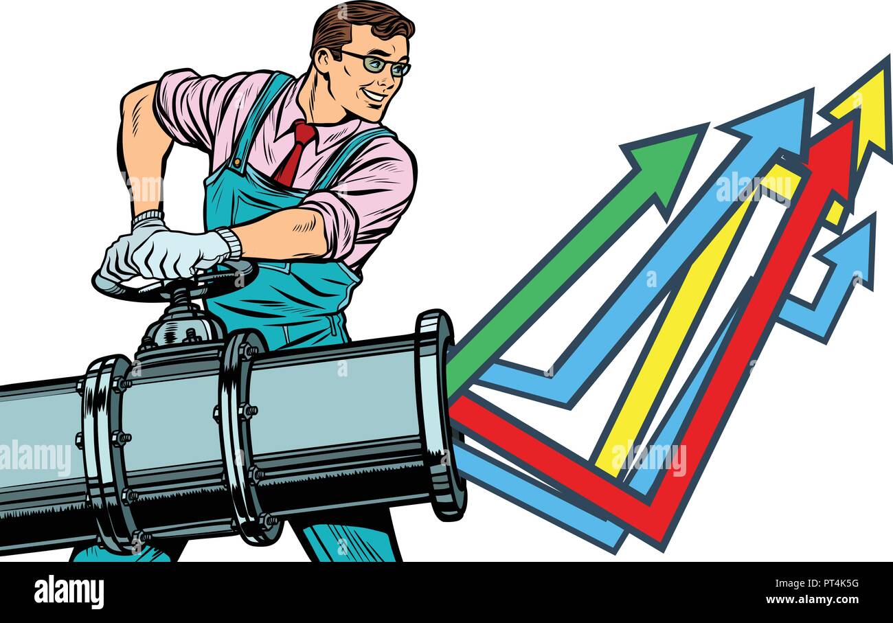 Geschäftsmann öffnet Rohr, wachstumsdiagramm. Anlage und der Industrie. Auf weissem Hintergrund isolieren. Pop Art retro Vektor illustration Vintage kitsch Stock Vektor