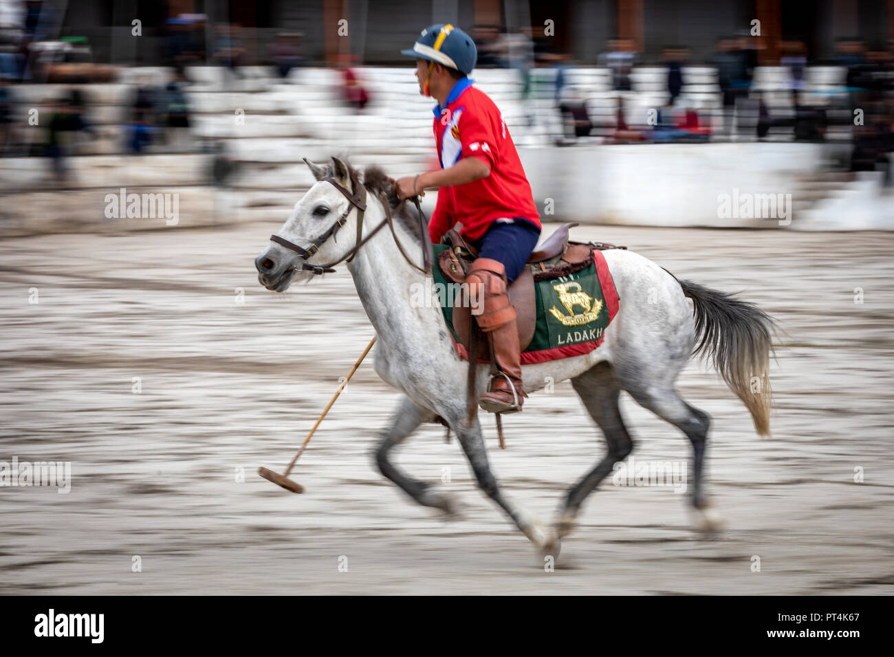 Ein Fahrer während eines Polospiels in Leh, Ladakh, Indien Stockfoto
