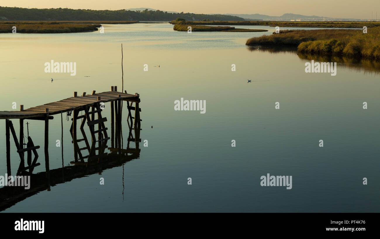 Alten hölzernen Steg am Comporta Feuchtgebiete in Portugal am Abend Zeit. Stockfoto