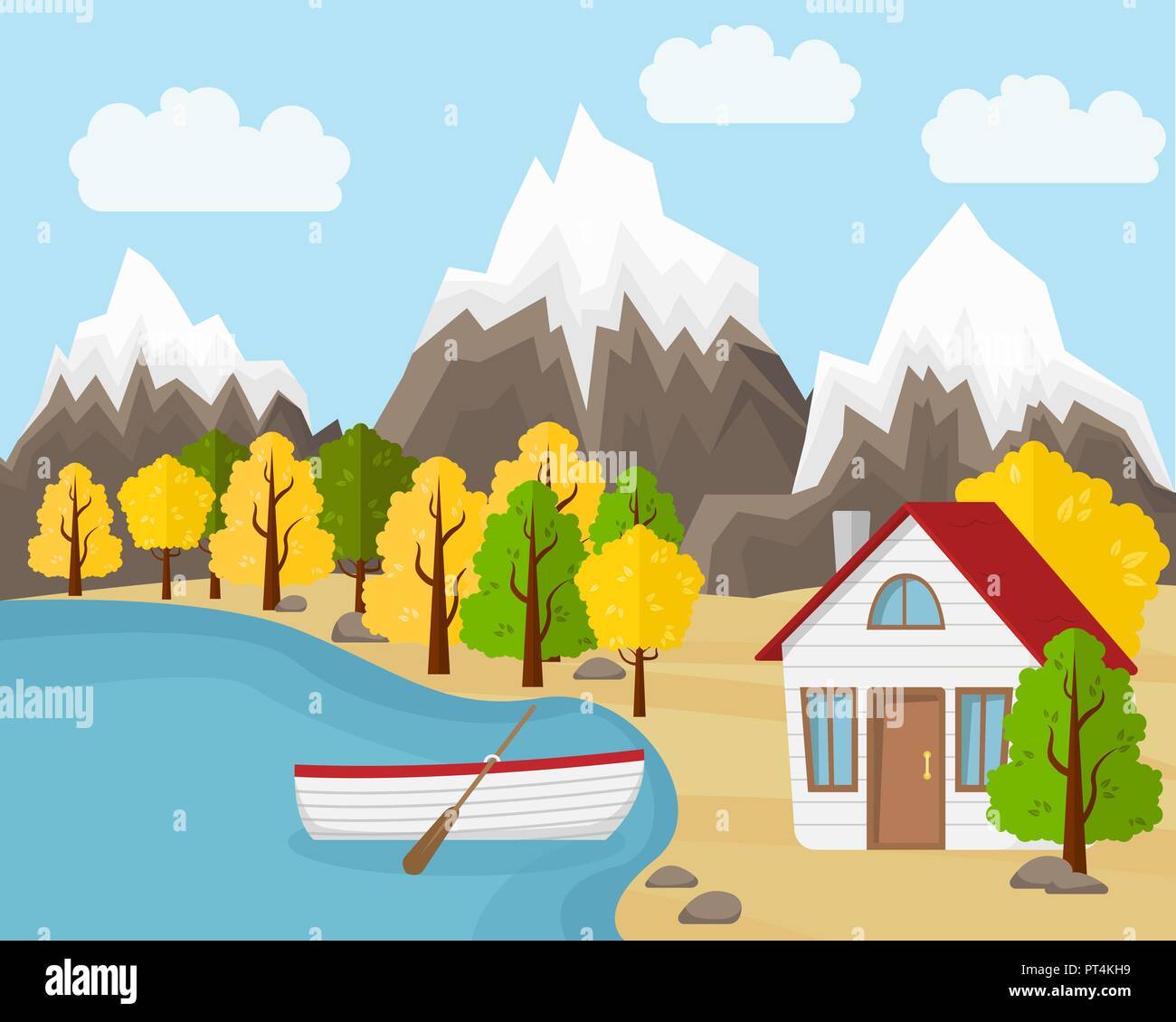 Flache Vektor Landschaft Illustration im Herbst. Landhaus mit dem Boot in der Nähe des Teiches und Berge mit Wald. Berg Herbst Landschaft Stock Vektor