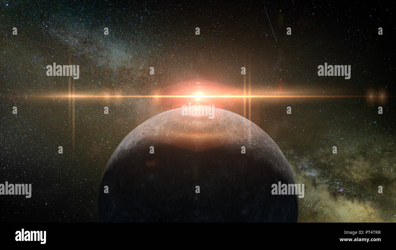 Sonnenaufgang über Planet Merkur von der Sonne und der Milchstraße Stockfoto