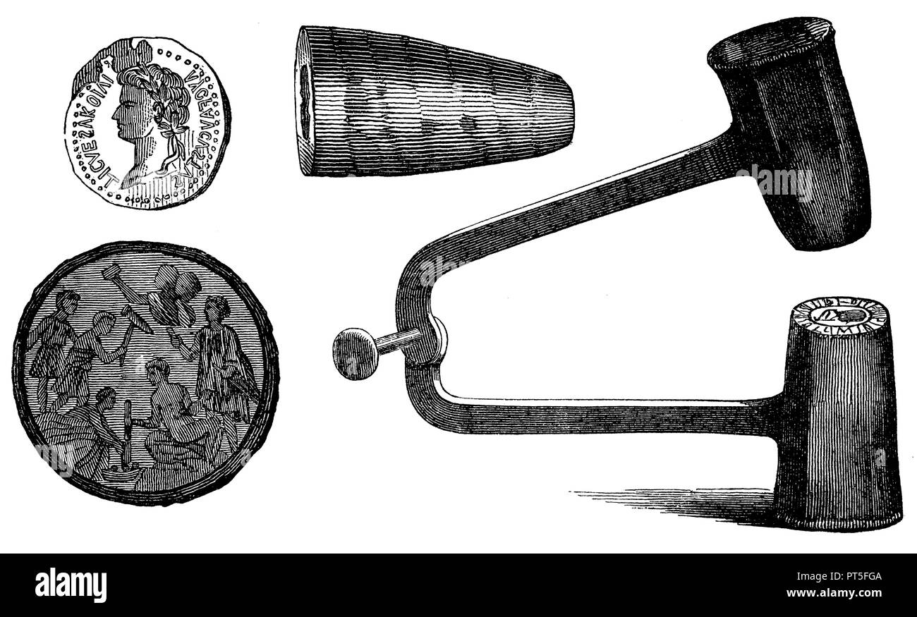 Geprägte Briefmarken und Münzen aus Antiochia, 1872 Stockfoto