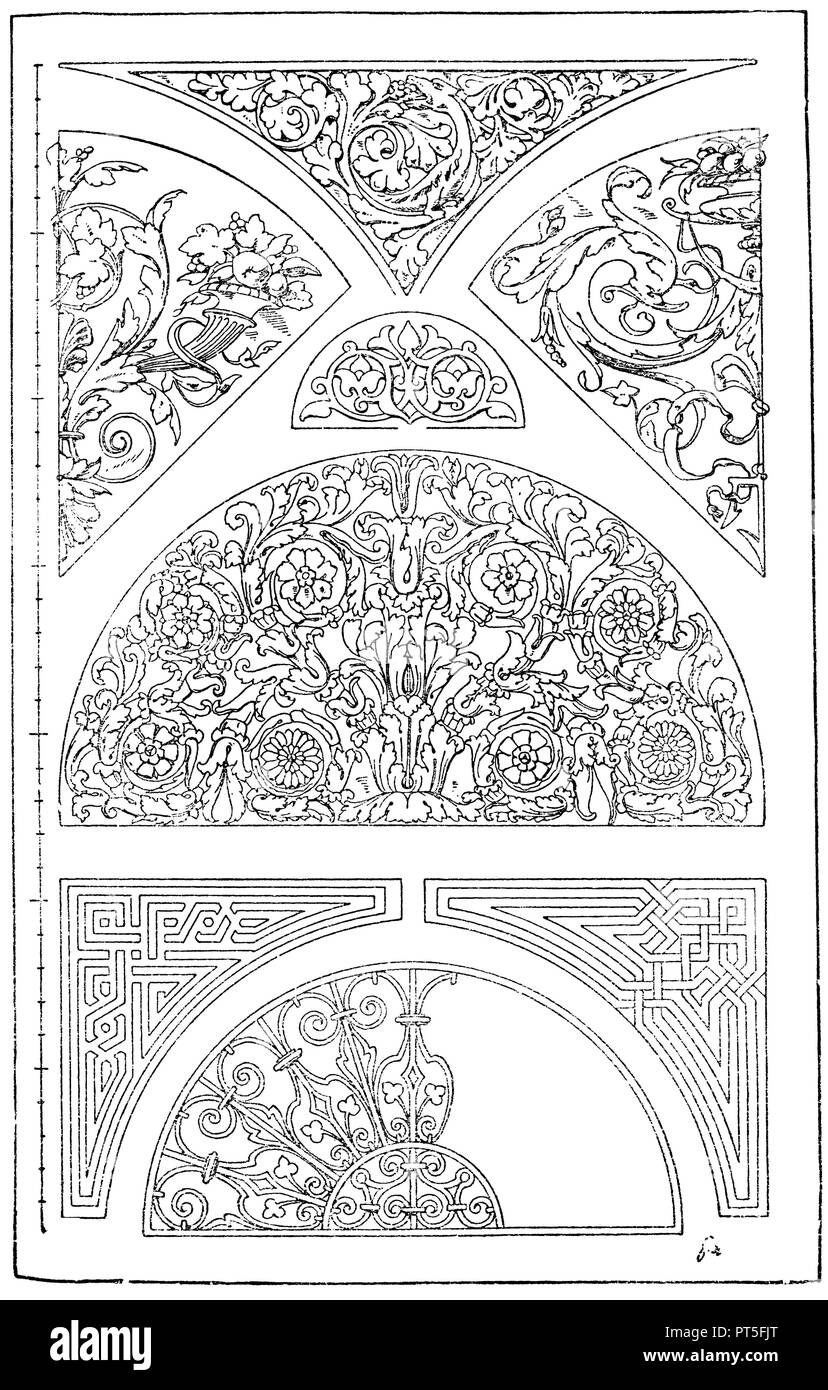 Halbkreis und Versteifung: 1. Römische Marmor Ornament. (Vulliamy). 2 Dachfenster Grid. Ital. Renaissance. (Gewerbehalle). 3. Marmor Füllung aus einer arabischen Moschee. (Prisse d'Avennes). 4. Frühgotische Versteifung Füllung von der Kirche zu Kent in England. 5. 6. Arabisch dreieckigen Zwickel in Mosaik arbeiten. (Prisse d'Avennes). 7 - 8. Quadrant Füllungen. 19., SL 1918 Stockfoto