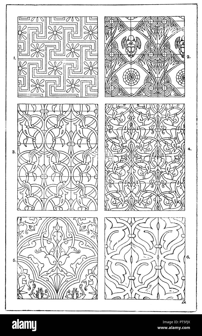 Wandmalerei Muster: 1. Antike Ägyptische meander Oberfläche. 2. Antike Ägyptische Deckengemälde. (Racinet). 3. - 5. Arabisch Gemälde aus der Moschee Kaitbay. (Prisse d'Avennes). 6. Arabisch Wandmalerei von der Moschee von Ibrahim Aga in Kairo. (Hessemer), SL? 1918 Stockfoto