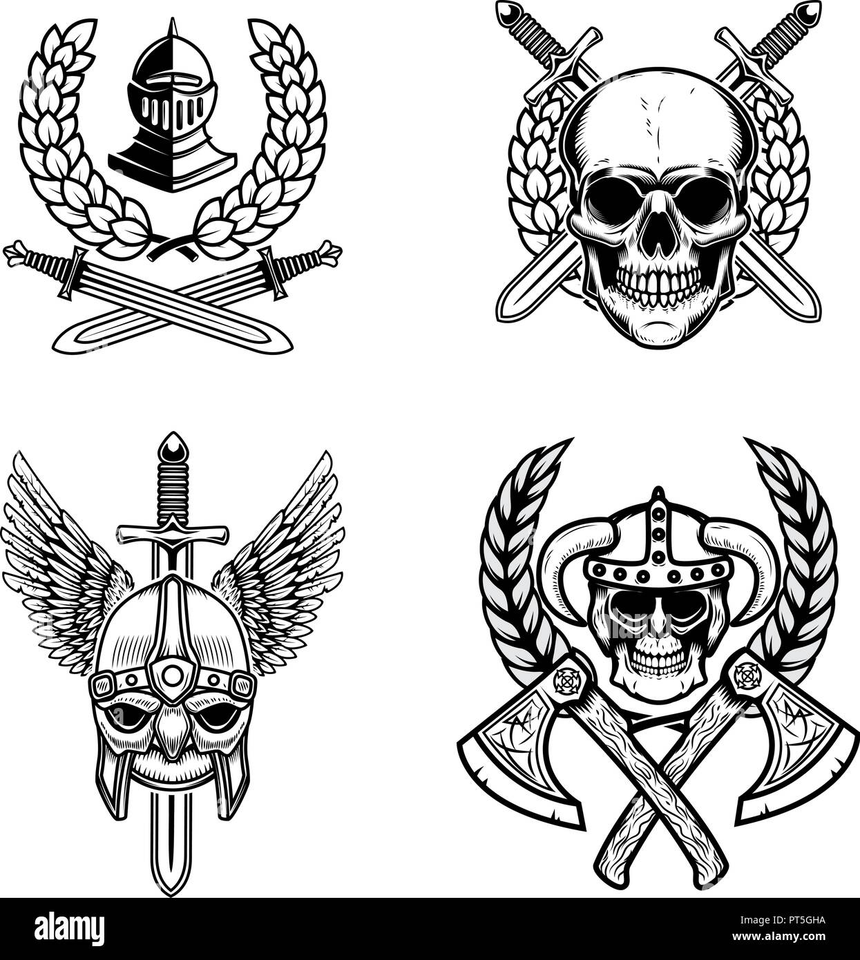 Einstellen der Embleme mit Viking alte Waffe. Design Element für Logo, Label, Emblem, Zeichen, Poster. Vector Illustration Stock Vektor