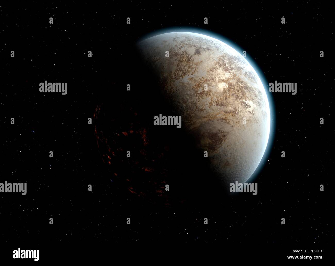 Abbildung: eine mögliche Zukunft der Erde, der Atmosphäre durchsetzt mit Staub und Verschmutzung, seine Oberfläche trocken. Stockfoto