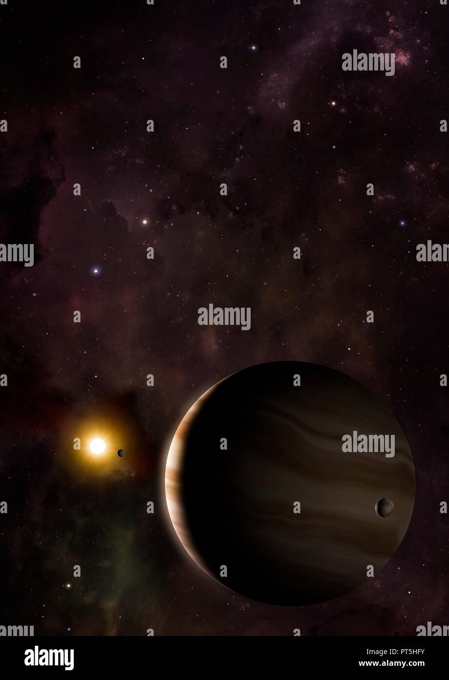 Darstellung der exoplanet (extrasolarer Planet) Wasp 39 b. Wasp 39 b ist ein so genannter Hot Saturn, mit einer Masse über ein Drittel des Jupiter. Er umkreist seinen Zentralstern, Wasp 39, bei einer Entfernung von nur 0,05 astronomischen Einheiten, rund ein Zehntel der Entfernung des Merkur von der Sonne etwa 700 Lichtjahre von der Erde entfernt, die Wespe 39 System ist das Sternbild Jungfrau. Stockfoto