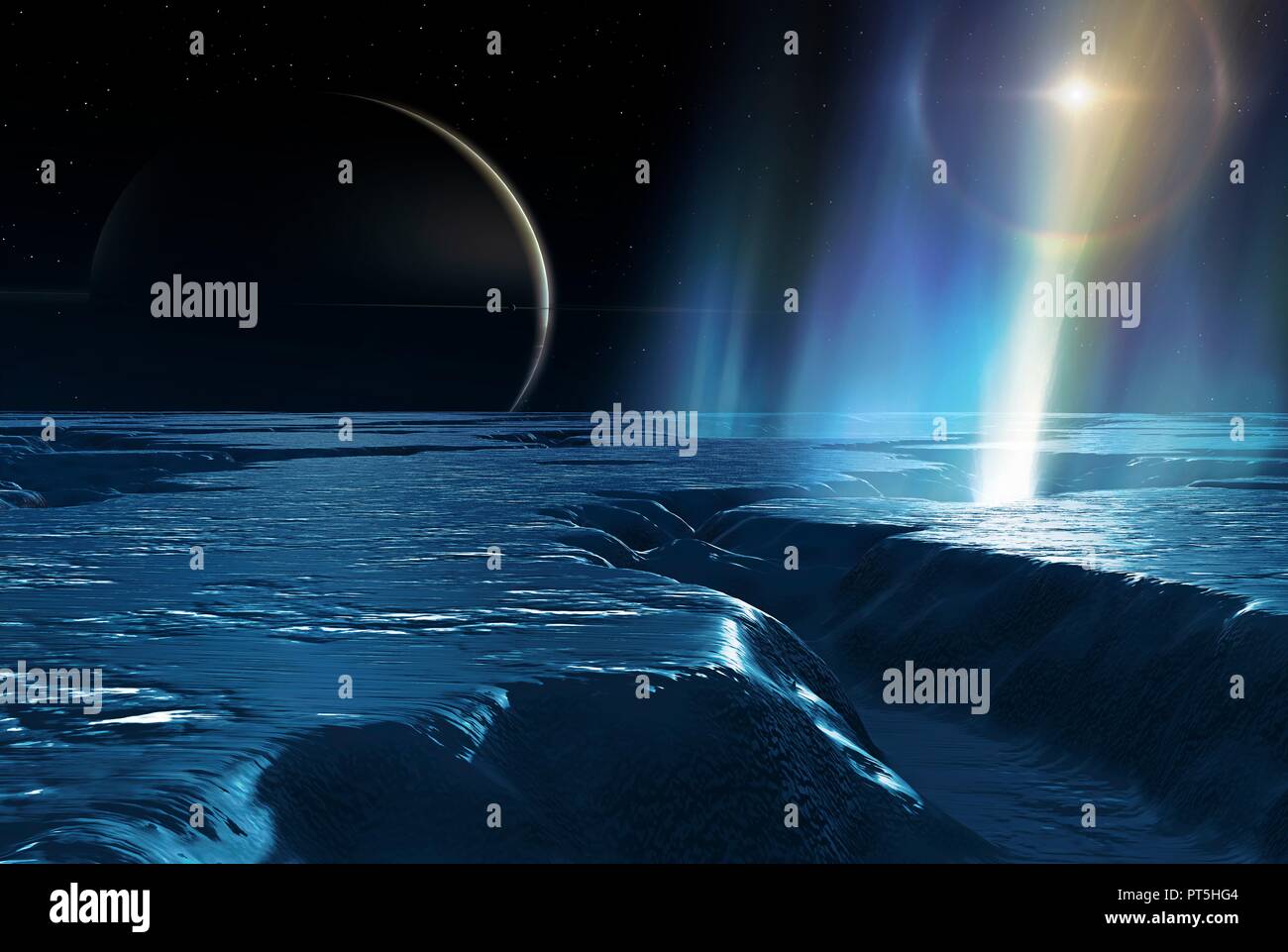 Wasser plumes auf Enceladus, Illustration. Enceladus ist eine mittelgroße Satelliten des Saturn, ca. 500 km über, bekannt seit 1789. Es ist nur ein Zehntel der Größe des größten Saturnmond, Titan. Im Jahr 2005 hat die Raumsonde Cassini entdeckt, dass diese relativ kleine Welt ist, überraschend, geologisch aktiv. Geysir - wie Wasserstrahlen wurden gesehen, Belüftung von der Mond südlich-polare Oberfläche ices, belüftet, durch einen Prozess namens cryovolcanism ('kalten Vulkanismus"). Einen anderen Satelliten, Mimas, ist auf Saturns Flugzeug gesehen. Stockfoto