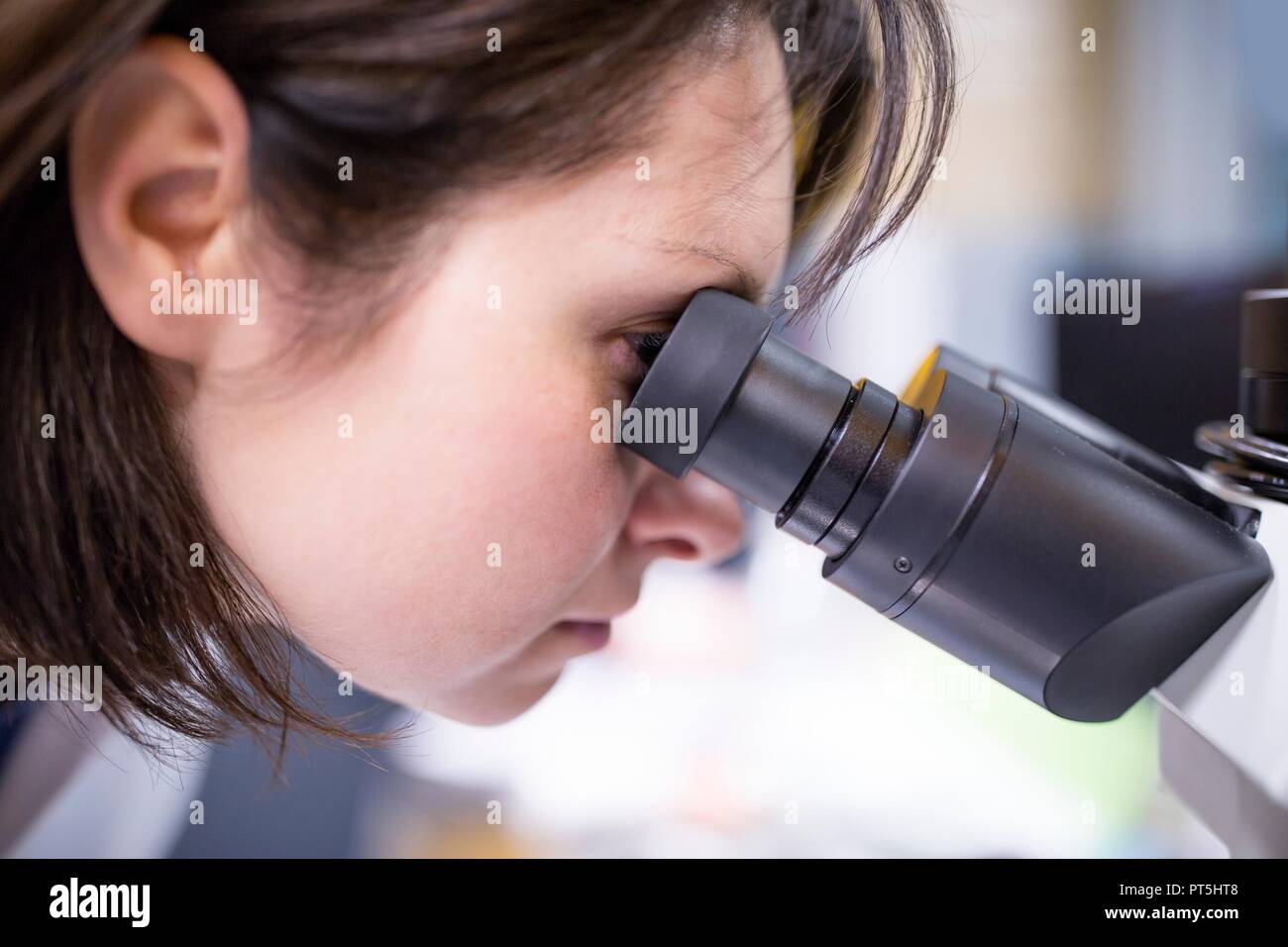 Weibliche Labortechniker mit Mikroskop im Labor. Stockfoto