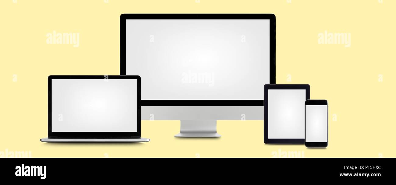 Leere digitalen Bildschirmen des Geräts vor einem gelben Hintergrund. Stockfoto