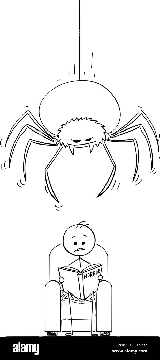 Cartoon von Mann Lesen ein Horror Buch und riesige Spinne hängt über Ihm Stock Vektor