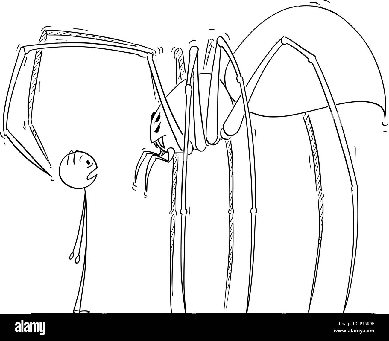 Cartoon von Mann, der Riesenspinne Monster Stock Vektor