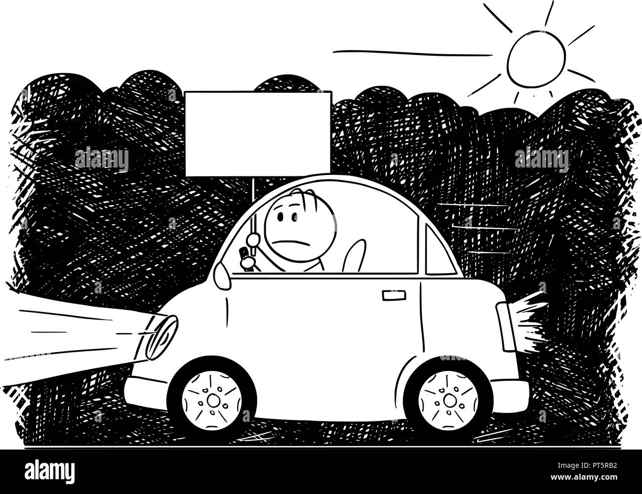 Cartoon Zeichnen von Auto Fahren durch Smog und Mann mit leeren Zeichen Stock Vektor