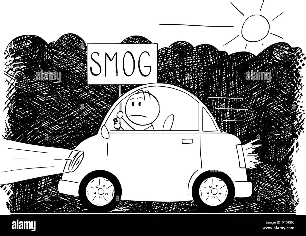 Cartoon Zeichnen von Auto Fahren durch Smog und Mann mit Zeichen Stock Vektor