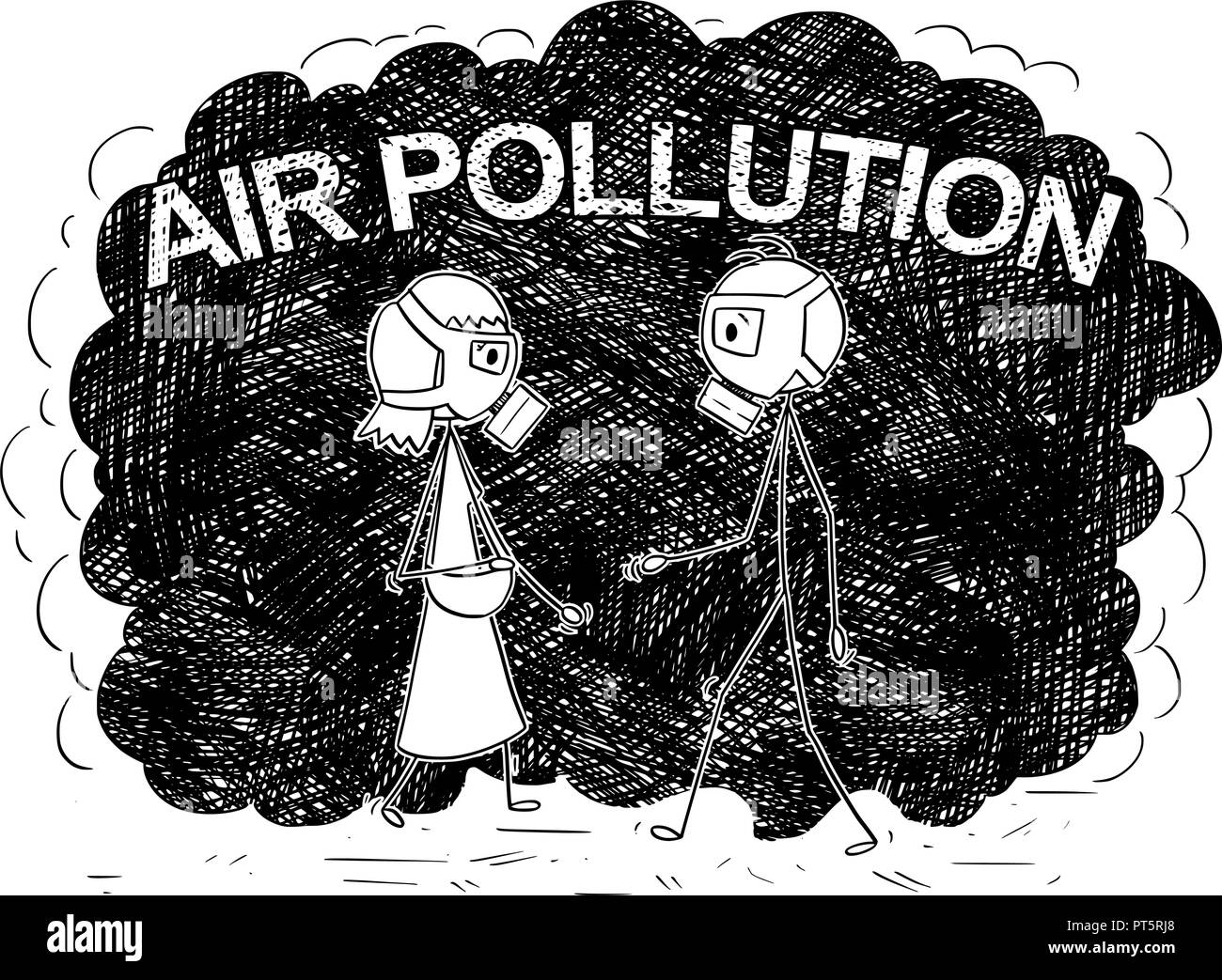 Cartoon von Mann und Frau mit Gasmasken Wandern in Smog oder verschmutzte Luft Stock Vektor