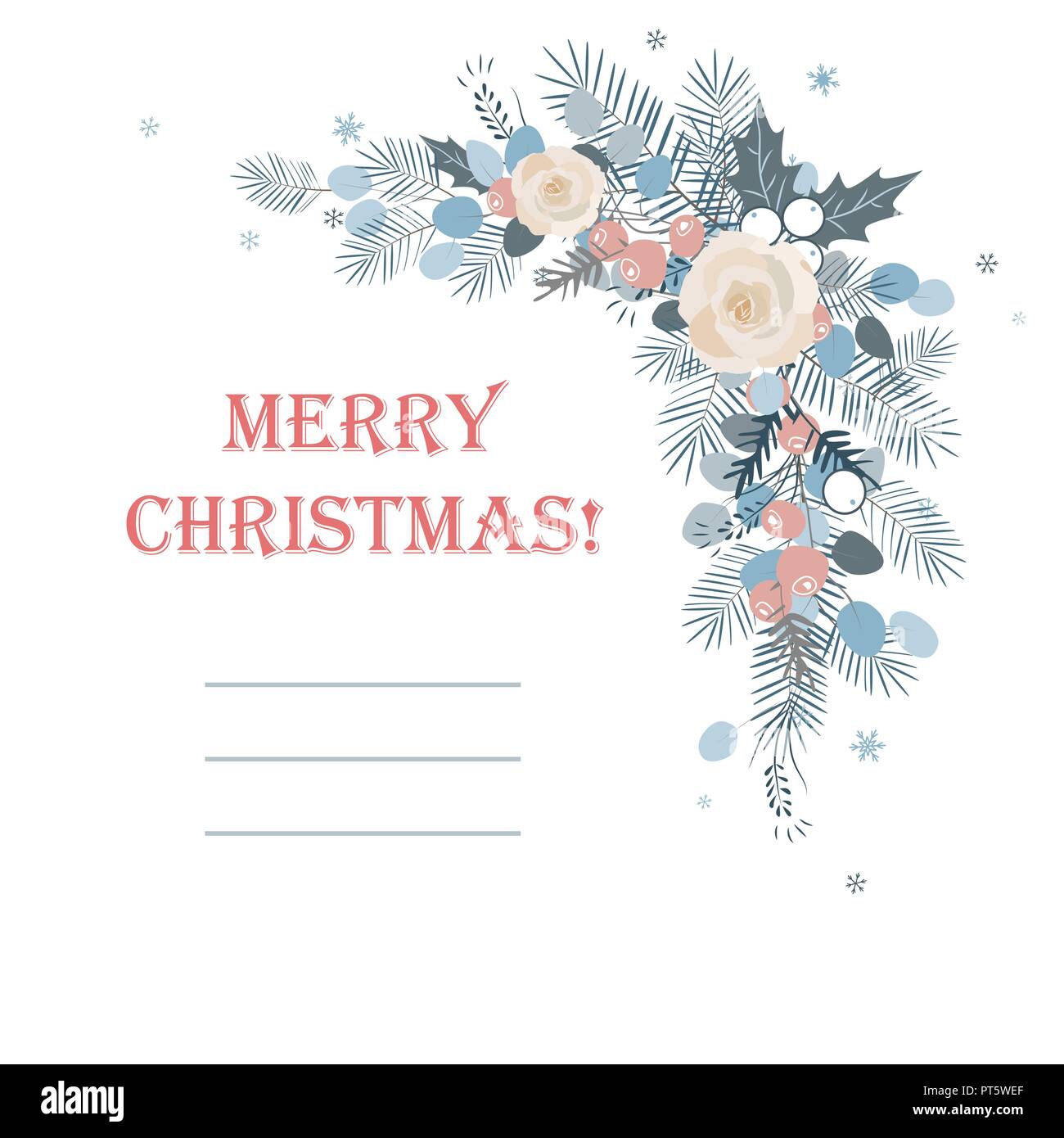 Ecke Grenze Eukalyptus und Pinien Zweige, Rosen, Tannenzapfen, Mix aus Pflanzen und Beeren. Design Konzept für Weihnachten, Vektor illustartion Stock Vektor